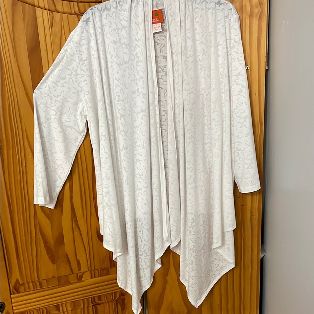 HEARTS OF PALM ASYMMETRICAL OPEN FRONT CARDIGAN WOMEN L WHITE STRETCH 3/4 SLEEVE